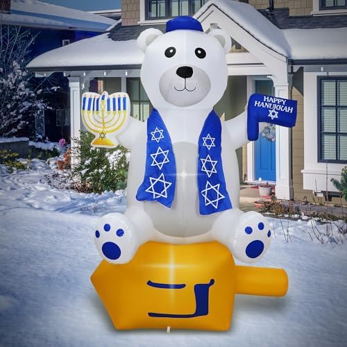 6 Foot Hanukkah Inflatables Outdoor Decorations Bear Holding a Star of David and Menorah with Built-in LED Lights, Blow up Hanukkah Decorations Outside Chanukah Decorations for Yard Garden Home Party - Image 2
