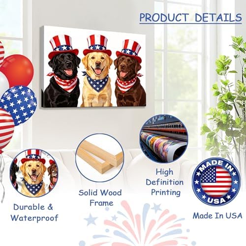 July 4th Patriotic Canvas Wall Art 4th of July USA Decorations American Flag and Stars Dogs Picture Wall Decor Independence Day Home Decor 24x36in - Image 4