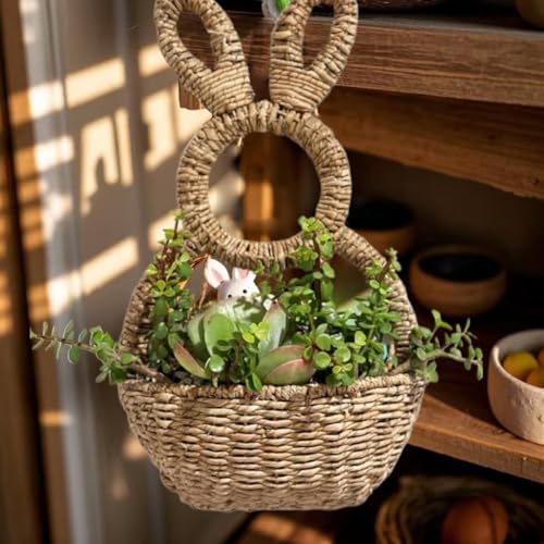 Bunny Basket Hanging Wall Pocket Spring Decor - Hand Woven Wicker Easter Basket - Bunny Hanging Ornament, Wicker Easter Baskets Rabbit Statue Spring Wreath for Front Door - Image 3