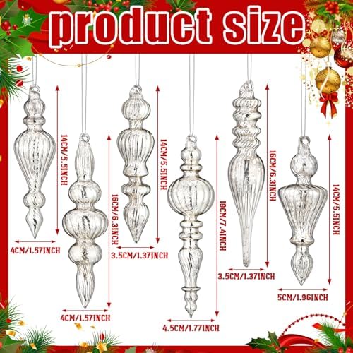 Soaoo 6 Pcs 6.3 in Silver Mercury Glass Finial Christmas Ornaments - Image 2