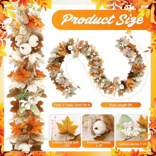 4 Pcs Fall Garland 9ft Pumpkin Berry Autumn White - Image 2