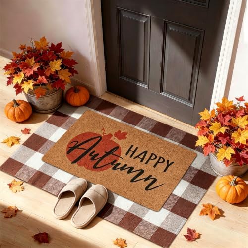 2-Piece Fall Front Door Mat Set, Coir Mat & Brown White Buffalo Plaid Mat - Image 4
