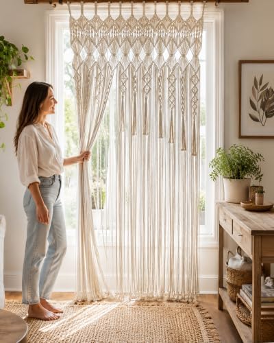 BECHAEO Boho Macrame Curtain with Arch Tassels, 1PC 39" x 79" White B - Image 2