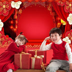 12x8ft Happy Chinese New Year Backdrop Red Curtain Flowers Lantern Photography Background for Family Happy New Year Chinese Theme Party Photo Studio Props Polyester - Image 2