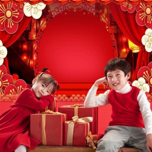 12x8ft Happy Chinese New Year Backdrop Red Curtain Flowers Lantern Photography Background for Family Happy New Year Chinese Theme Party Photo Studio Props Polyester - Image 2