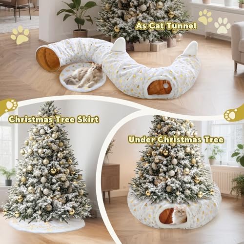 Cat Tunnel Christmas Tree Skirt, Cat Tunnel Bed with Hanging Toy Ball, Foldable Plush Cats Cave Donut Tunnel Christmas Decorations, Kitty Tunnel for Indoor Kitten Rabbit Puppy, White Gilded - Image 6