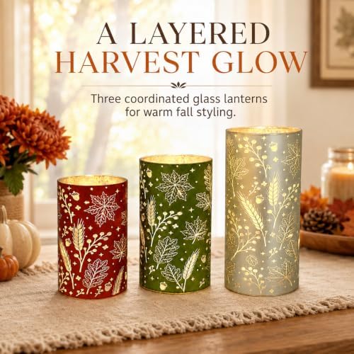 Wind Shear Fall Harvest Glass Lanterns Set of 3, Autumn Lighted Table Decor - Image 6