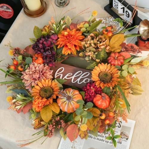 Fall Wreaths for Front Door 24 Inch Autumn Wreath with Sunflowers, Pumpkins - Image 6