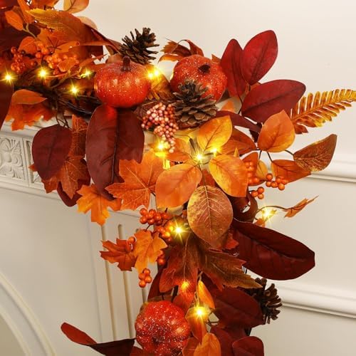 SHareconn 2 Packs 6ft Fall Garland with Lights and Timer for Mantle by SHareconn