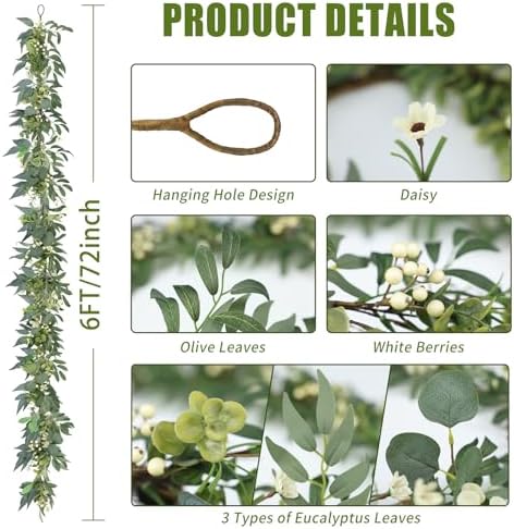 Artgar Eucalyptus Garland with Lights - 6 Ft Greenery Garland Spring/Summer - Image 2