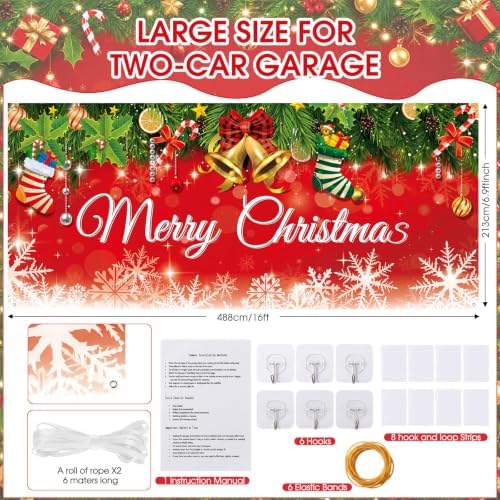 WovWeave 7 x 16 Ft Christmas Garage Door Cover, Bells and Stockings - Image 2