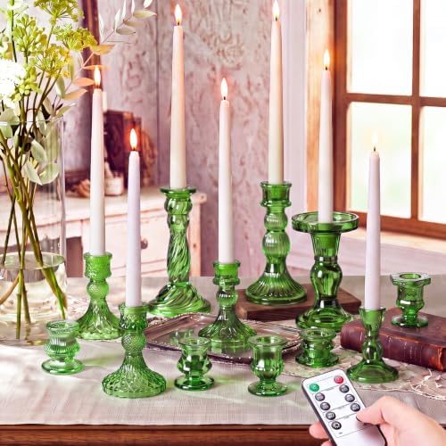 Mumufy 48 Pcs Green Crystal Taper Candle Holders with Flameless Candles by Mumufy