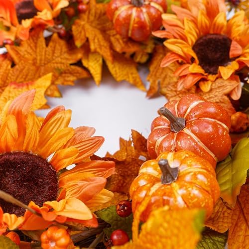 Fall Wreaths for Front Door 22 Inch, Autumn Wreath with Berry Pumpkin, Maple Leaves, Thanksgiving Harvest Festival Decorations Indoor and Outdoor (Orange-Pumpkins) - Image 5