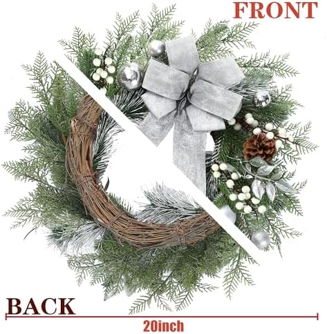 Sggvecsy 20 Inch Artificial Christmas Wreath for Front Door with Pine Needles White Berries Pine Cones Silver Bow Christmas Ball Decorations for Winter Wall Outdoor Home Holiday Xmas Decor - Image 6