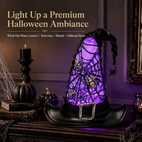 Halloween Witch Hat Snow Globe Lantern with Swirling Glitter, Purple Light - Image 2