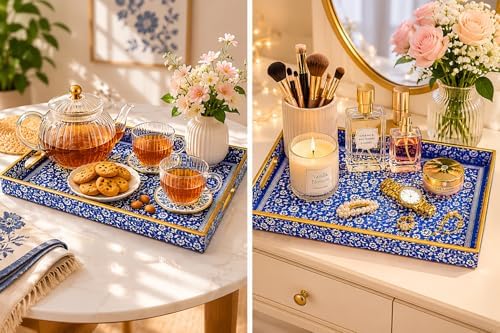 Decorative 3pcs Tray Set with Gold Handles, Elegant Luxury Style, for Living Room, Kitchen and Vanity. (Mosaic Blue Design) - Image 5