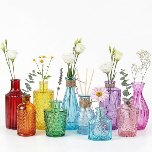 10Pcs Colored Glass Bud Vase Set,Embossed Mini Small Vintage Flower Vases by Unknown