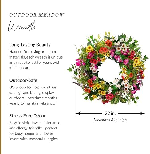 Balsam Hill Outdoor Meadow Spring & Summer Wreath - 22" Premium UV-Protected Floral Door Wreath for Front Door, Patio, Garden & Year-Round Outdoor Display - Image 3