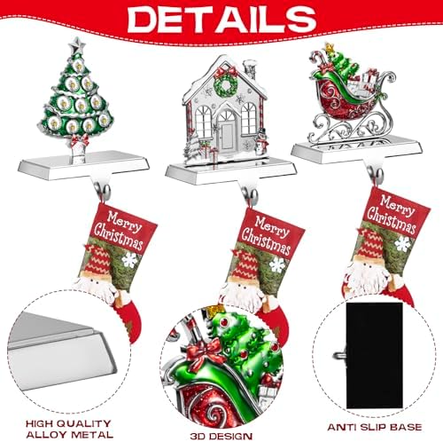 GUOER 3 Pack Christmas Stocking Holder Set for Mantle Christmas Decorations Mantle Fireplace Topper-House, Sleigh and Christmas Tree Hangers Decorative Metal Hanger - Image 3