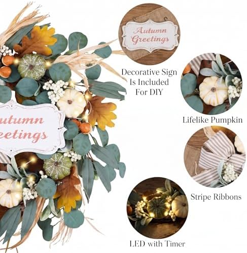 Valery Madelyn 24'' Fall Wreaths for Front Door with LED Lights - Image 5