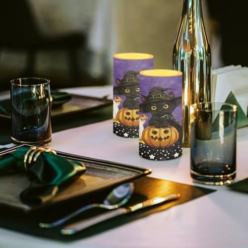 Halloween Flameless Candles with Remote, 2 Pack LED Battery Operated Candles for Halloween Party Multicolor Flameless Electric Pillar Candle with Black Cat Ghost - Image 5