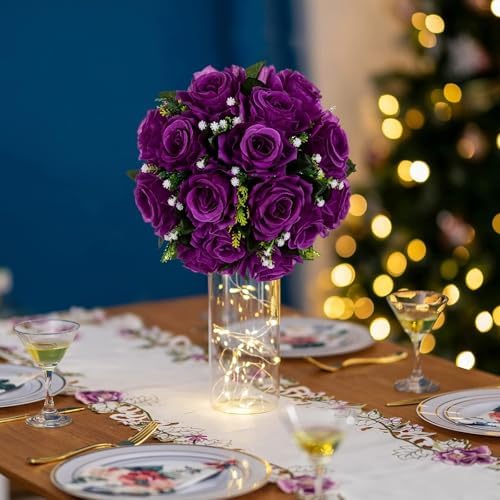 BLOSMON Flower Balls Wedding Rose Centerpieces 10 Pcs Purple Fake Flowers with Base Kissing Balls Decor Artificial Floral Arrangements Flower Bouquet of Roses Home Party Table DIY Decorations - Image 2