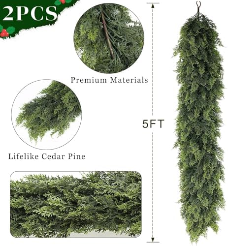 5FT 2Pcs Lifelike Touch Artificial Christmas Cedar Garland for Mantle Decor - Image 5
