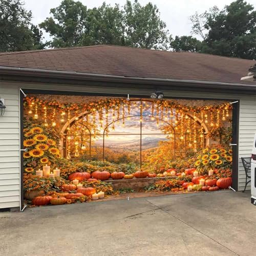 8X7Ft Fall Window Garage Door Banner Autumn Harvest Pumpkin Maple Leaves Backdrop Door Cover Hanging Garage Decorations Banner Thanksgiving Holiday Party Background Sign for Wall House Decor - Image 3
