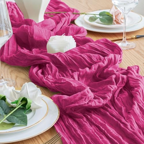 Cheesecloth Table Runner 10FT 12Pcs Fuchsia Boho Gauze Rustic Sheer Runners - Image 5