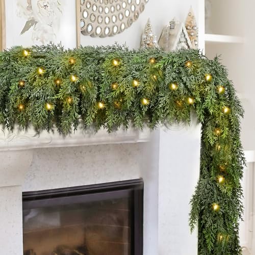 9FT Cedar Christmas Garland with Light, Extra Full Artificial Cedar Garland with 1200 Tips, LED Lights with 8 Modes, Holiday Garland for Mantel, Staircase, Doorway by FAJUNZH