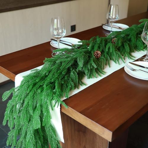 【Extra Full】 2Pcs 9FT Christmas Norfolk Pine Garland, Greenery Real Touch Decorations for Mantle Table Staircase Fireplace Mantel Porch Holiday Home Faux Xmas Winter Indoor Outdoor Decor - Image 3