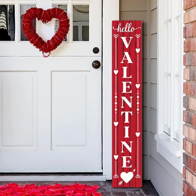 SRongmao Valentines Wooden Porch Sign Love Porch Sign Vertical Valentine's Day Porch Sign Hello Valentine Sign Rustic Tall Welcome Sign for Farmhouse Home Front Door Yard Party Decor 8x48inch - Image 2