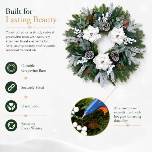 28inch Winter Wreath for Front Door, Frosted Magnolia Christmas Wreath - Image 4