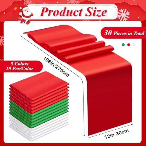 Preboun 30 Pack Red Green and White Table Runner Christmas Satin Table Runners Bulk 12 x 108 Inch Long Satin Silky Xmas Table Runner for Wedding Banquet Graduations Birthday Party Decoration - Image 2