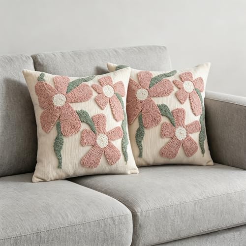 Summer Floral Throw Pillow Covers 18x18 Inch Set of 2, Chenille Embroidered Pillowcase with 3D Tufted Pink Flowers Sage Green Leaves, Boho Decorative Cushion Covers for Couch Sofa Bed - Image 5