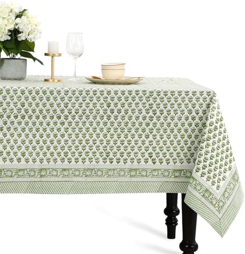 CPC Emerald Green Floral Hand Block Printed 100% Cotton Tablecloth 60x120 Rectangular Reusable and Washable Boho Dining Table Cloth Thanksgiving by COTTONPRINTCLUB