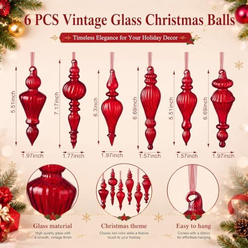 Sotiff 6Pcs Red Mercury Glass Christmas Ornaments,Vintage Finial Decoration - Image 3