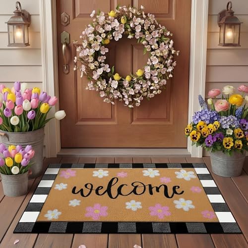 Tinideya 2 Pcs Spring Door Mat Outdoor Layered Pink Flower Welcome Mat by Tinideya