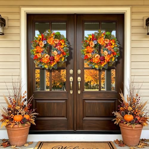 24 Inch Harvest Fall Wreaths for Front Door Outside with Orange Peony - Image 2