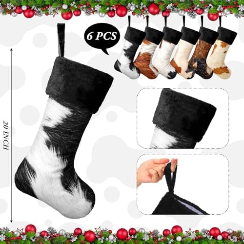 6 Pack Cow Print Christmas Stockings 20 Inch Large Plush Xmas Animal Cuff Stockings Hanging Ornaments Socks for Western Fireplace Mantel Stairway Decorations - Image 2