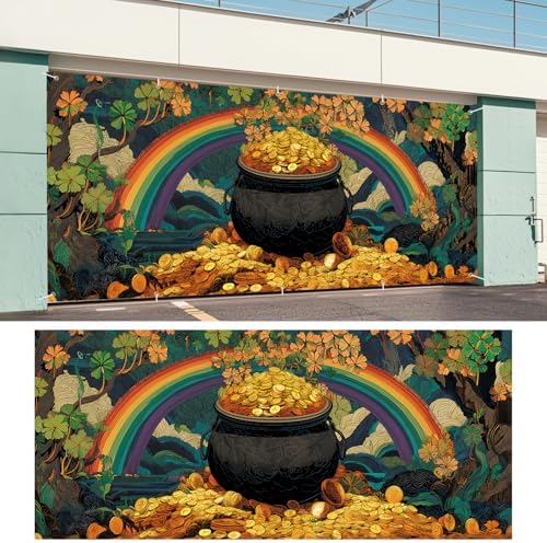 Pot of Gold St. Patrick’s Day Garage Door Banner 7x16FT, Lucky Clover & Rainbow Garage Door Cover, Outdoor Decoration for Yard & Garage on St. Patrick’s Day - Image 6