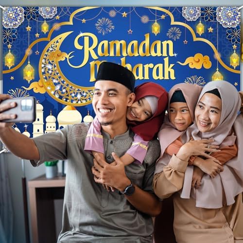 Mocsicka Ramadan Mubarak Decorations Backdrop Blue Gold Muslim Ramadan Kareem Banner Eid Mubarak for Home Muslim Party Supplies (Blue, 8x6ft) - Image 6