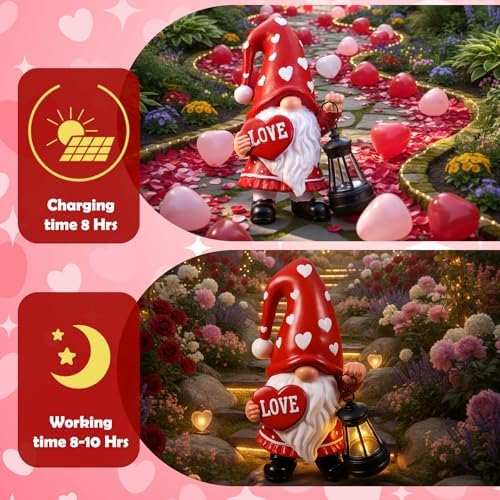 Retisee Solar Valentine's Day Garden Statue Resin Gnome Statue with Hearts LED Lights Outdoor Love Solar Light Figurine Decoration for Yard Patio Lawn Gift for Valentine's Day Anniversary - Image 4