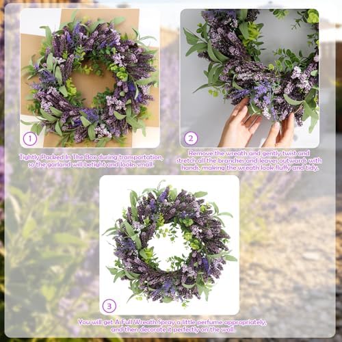 26 Inch Lavender Wreath for Front Door, Spring Summer Purple Flower Wreath with Eucalyptus Leaves for Indoor Outdoor Wall Window Wedding Festival Decor for All Seasons - Image 5