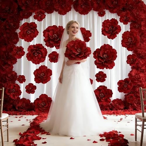 Set of 3 - Giant Red Velvet Rose Large Handcrafted Artificial Flower Props for Wedding, Home, Party, Event, Backdrop Decoration for Anniversary Birthday Valentine's Day (Red - Rose Heads Only) - Image 4
