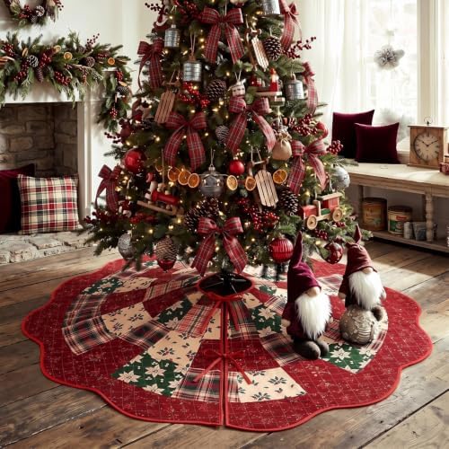 Junkin Plaid Patchwork 60in Christmas Tree Skirt Tartan Tree Decor - Image 3