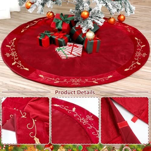 QOUBAI 60inch Extra Large Christmas Tree Skirt Red Luxury Velvet Plush Fur Skirts with Gold Embroidery Xmas Velvet Tree Skirt Holly Leaves Gold Embroidered Tree Skirt for Christmas Holiday Party Decor - Image 3