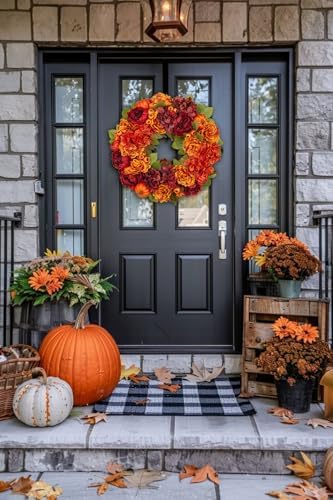 24" Artificial Fall Floral Wreath for Front Door Autumn Wreath with Pumpkin Peony Hydrangea for Halloween Thanksgiving Day Indoor Outdoor Farmhouse Window Wall Décor - Image 4
