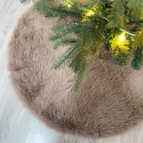 60 Inch Christmas Tree Skirt - Fluffy Faux Fur Light Brown Tree Skirt, Toka Colored Plush Xmas Holiday Decor for Parties, Small Round Tree Skirt by Amidaky