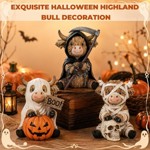 3 Pcs Halloween Highland Cow Figurines, Mummy Reaper Ghos Decor - Image 5